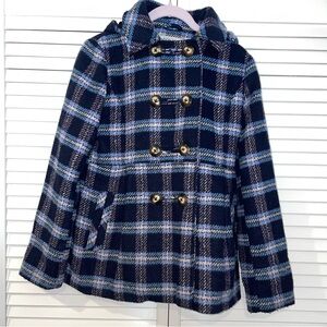 Girl’s London Fog Pea Coat Size Large 14/16 Blue Plaid